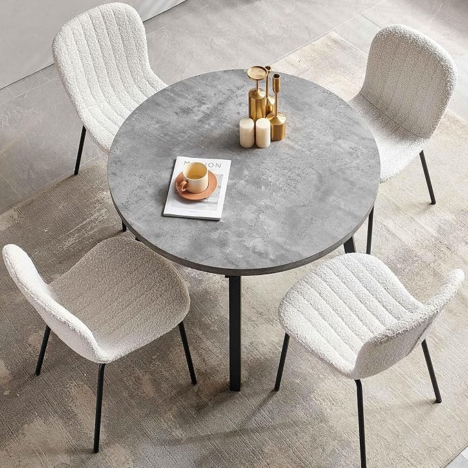 Round Dining Table Set for 4 with Boucle Chairs - Modern Kitchen Table and Chairs Set for Small Spaces - Boucle White