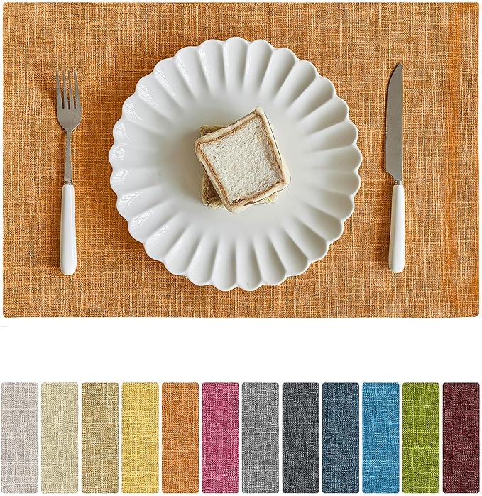 Softalker Faux Linen Placemats Set of 4-12 x 18 Inch, Heat Resistant Double Layered Durable Burlap Farmhouse Place Mats, Non-Slip Washable Rustic Table Mats for Dining, Kitchen, Party（Orange