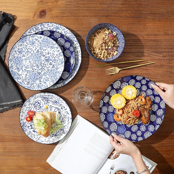 Selamica Ceramic Dinner Plates set of 4, 10.5 Inch Ceramic Plates for Kitchen, Large Serving Plates for Pasta Salad Steak, Microwave Dishwasher Safe, Blue