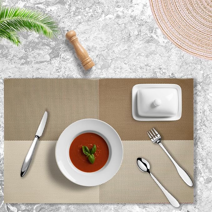 Placemats Set of 4 Vinyl Washable Coffee Square Placemats, 18"x12" Wipeable Heat-Resistant Non-Slip Easy Clean Table Mats Ideal for Dining Table Table Runner and Outdoor (4, Coffee Square)
