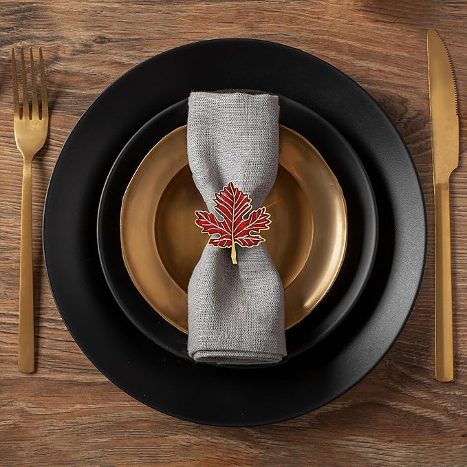 Decozen Set of 16 Red Gold Napkin Rings in Leaf Design, Festive, Table Decor Setting for Holiday, Wedding, Birthday, Kitchen, Home Decor, Housewarming Gift - Thanksgiving & Christmas Gift Decoration