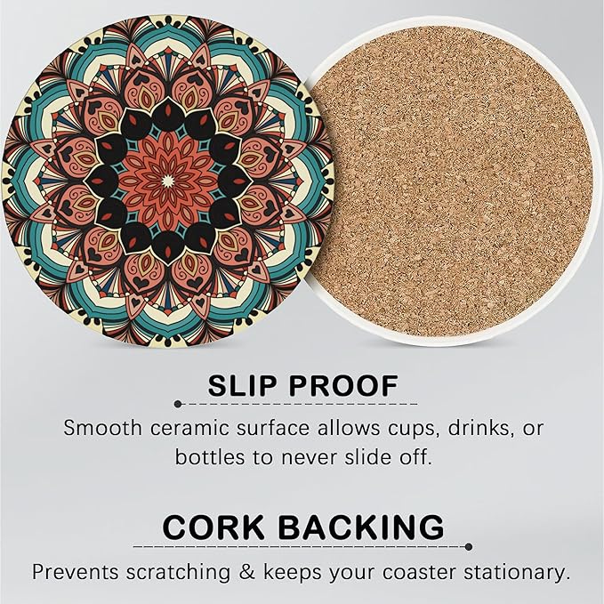 Drink Coasters for Drinks Set of 6,Mandala Absorbent Round Ceramic Stone Mat Coaster,with Cork Base and Metal Holder, Home Bar Decor House Warming Gift