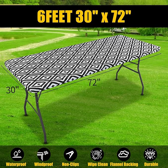 Smiry Rectangle Picnic Table Cloth, Waterproof Elastic Fitted Outdoor Tablecloths for 6 Foot Tables, Wipeable Flannel Backed Vinyl Table Cover for Camping, Dining and Indoor (30"x72", Black)