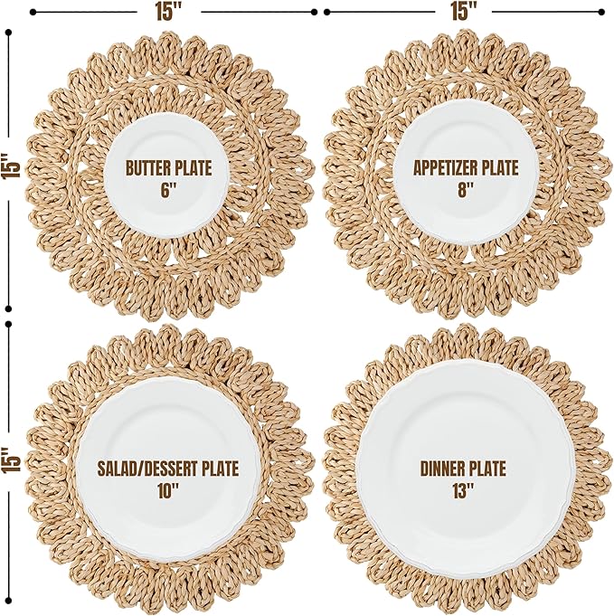 15" Corn Husk Woven Round Placemats Set of 4 - Wicker Boho Farmhouse Placemats - Rattan Table Mats Like Water Hyacinth for Dining Table, Wedding, Home, Christmas, Party
