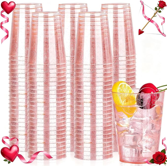 DaYammi 100 Pack 10oz Pink Plastic Cups for Party Premium Glitter Disposable Plastic Cup for Martini and Cocktail, Hard Pink Disposable Cups for Wedding,pink cups for Valentine's Day Party