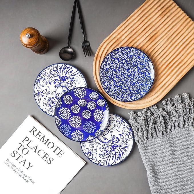 Selamica Dessert Plates Ceramic, 6 Inch Embossed Small Plates for Appetizer, Cake, Snacks, Microwave Dishwasher Safe, Set of 4, Blue