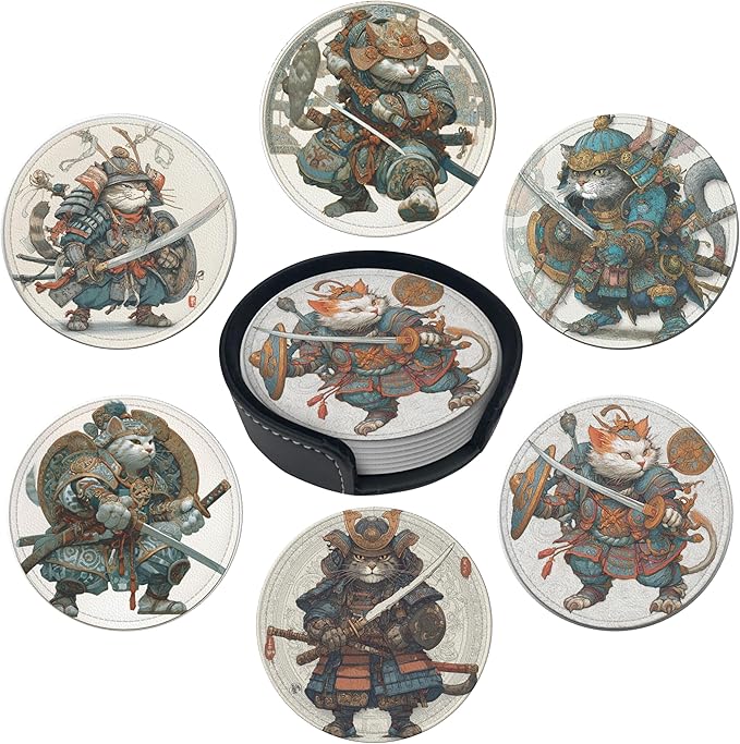 Japanese Cat Coasters Leather Round Drink Coasters 6 Pcs Set with Holderor for Cup Drink Coffee Table Bar Home Decor