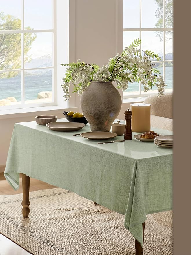 Linen Tablecloth for Square Table 52x52 Inch Green, Farmhouse Style Sage Green Tablecloth, Water Resistant Burlap Tablecloths for Dining Table Farmhouse Kitchen