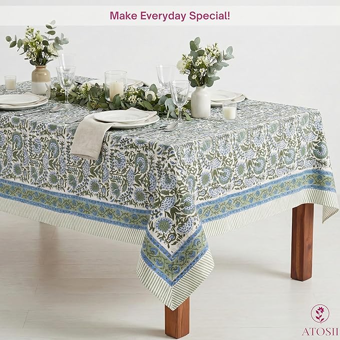 ATOSII Clover Blue 100% Cotton Rectangle Fall Tablecloth, Handblock Floral Linen Table Cloth for Kitchen Dining Table I Parties Christmas Thanksgiving I Fall Home Decor 60 X 90 Inches I 6 Seater