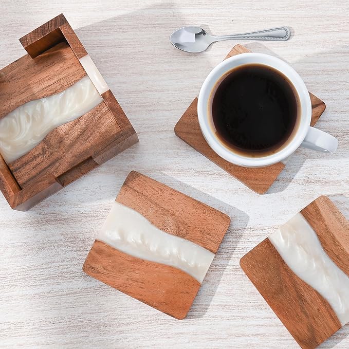 Resin Coasters - Modern Elegant Epoxy Coaster Set with Holder for Office or Bachelor Pad