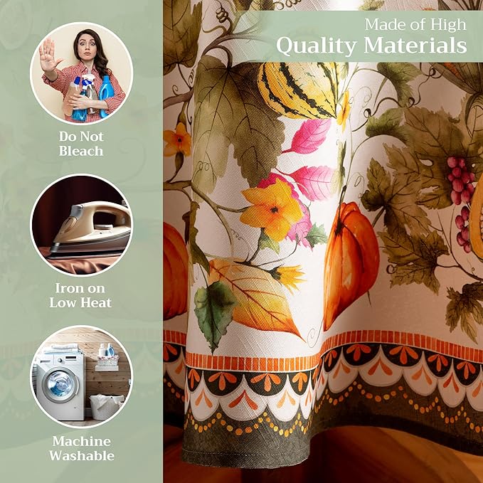 Maison d' Hermine Table Cloth Round Table 100% Cotton 69 Inches Fall Tablecloth Reusable Everyday Use for Thanksgiving Christmas Decorations Dining Farmhouse Party (Pumpkin Garden - Cloudy Cream)