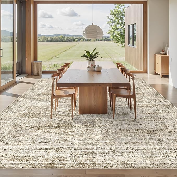 12x15 Washable Area Rug Brown Neutral Abstract Living Room Large Carpet Non Slip Bedroom Indoor Office Dining Room Low Pile Thin Rug