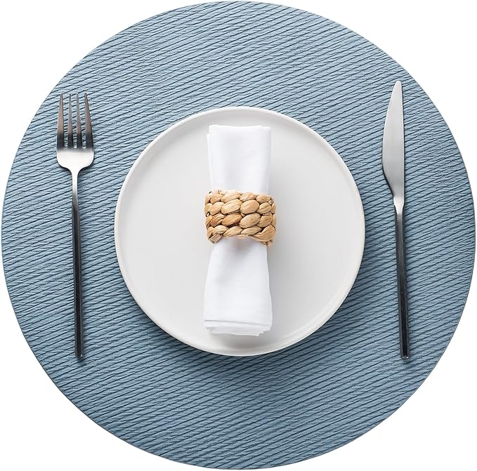 Jovono 15" Faux Leather Big Round Placemats Set of 8 - Washable Heat Resistant Non-Slip Dining Table Mats with Fabric Texture for Kitchen Home Party Decor, Light Blue
