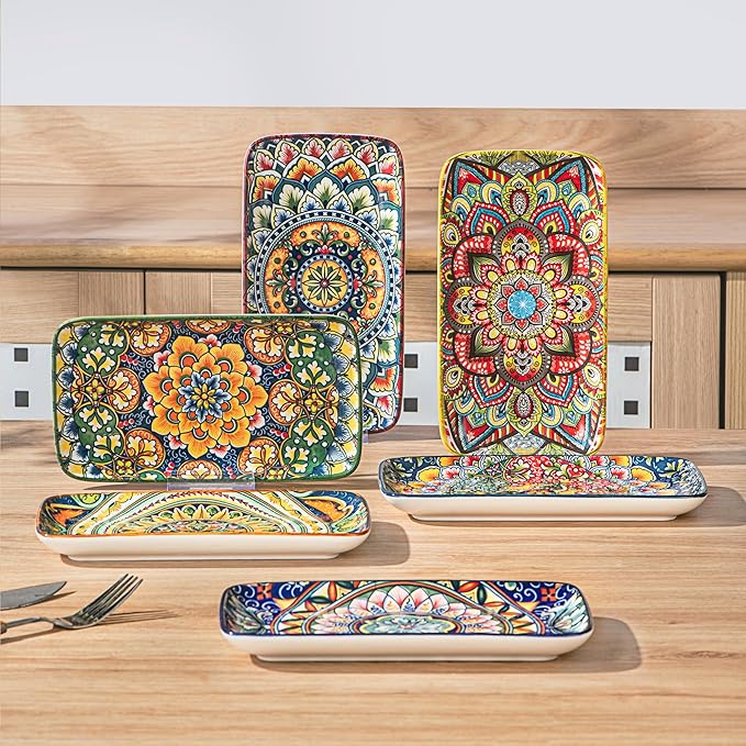 Henten Home Porcelain 8 Inch Dessert Plates, Ceramic Rectangular Salad Plate Set of 6, Bohemian Serving Dishes for Sushi, Appetizer, Cake, Sashimi, Microwave & Dishwasher Safe