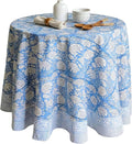 ATOSII Azora Blue 100% Cotton Round Spring Tablecloth, Handblock Print Floral Table Cloth for Kitchen Dining Linen I Parties, Weddings, Outdoors, Easter Holidays I 60" Inches Round