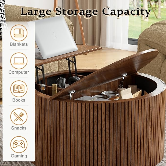 Mid Century Round Fluted Lift Top Coffee Table, Modern Center Table with Storage and Compartment, 2 Tier Small Circle Dining Table, for Living Room, Home Small Space, Walnut Oak-1