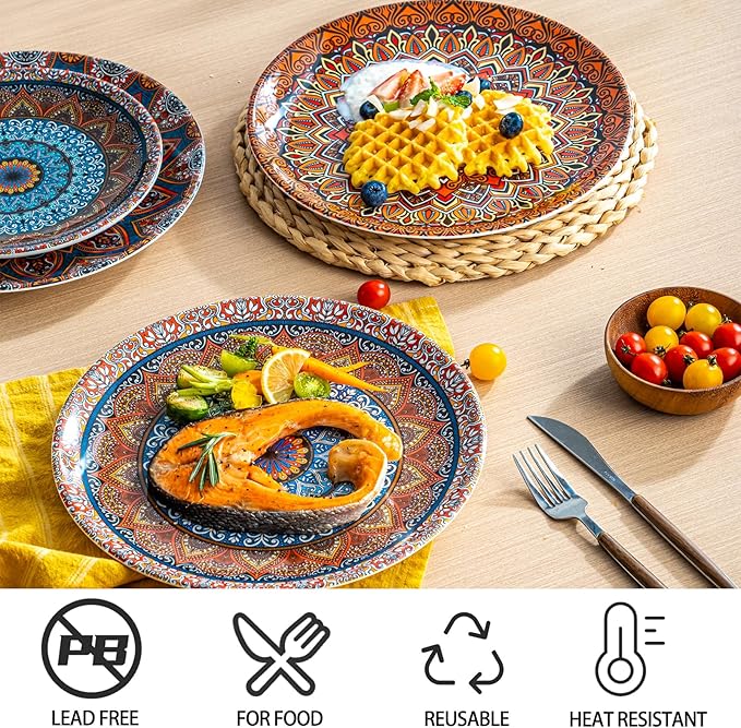 UNK U Melamine Dinner Plates Set of 6, 10.5 Inch Bohemian Plates in 6 Vibrant Colors, Unbreakable Dinner Plates for Kitchen, Weddings, Birthdays, Entertaining, Dishwasher Safe