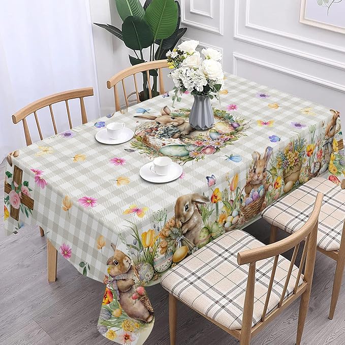 Easter Tablecloth 60 x 84 Inch Rectangle, Easter Bunny Table Cloth Buffalo Check Plaid Kitchen Table Cover for Dining Room Spring Oblong Tablecloth Indoor Decor
