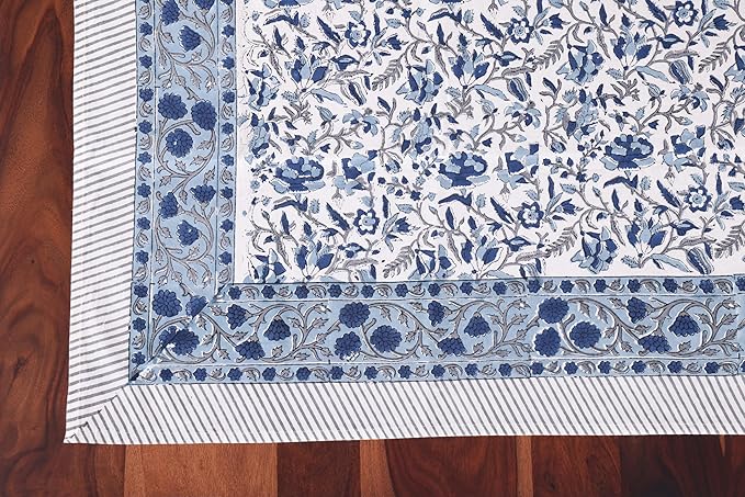 ATOSII Jodhpur Blue 100% Cotton Rectangle Tablecloth, Handblock Floral Linen Table Cloth for Kitchen Dining Table I Parties Wedding Outdoors I Home Decor 60 X 90 Inches