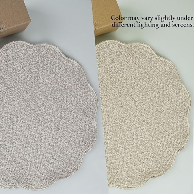 AHHFSMEI Round Faux Linen Placemats Set of 4 Waterproof Table Mats Heat Resistant Non-Slip and Stain Proof for Kitchen Dining Elegant Decor (Linen Beige,4)