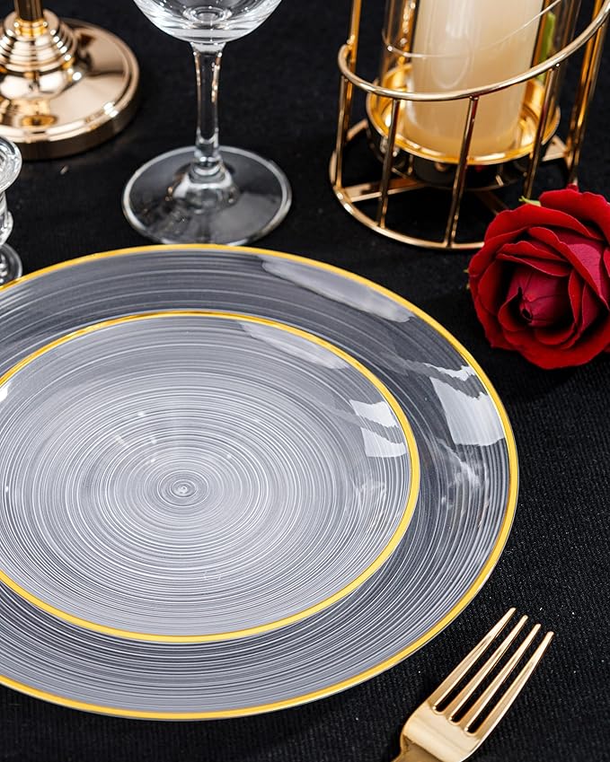 Morejoy 100Pcs Clear Plastic Plates,Clear Disposable Plates With Gold Rim,Heavy-duty Gold Plate, Modern swirl design Plate Include 50Clear Dessert-Platos,50Dinner-Platos for Party&Christmas