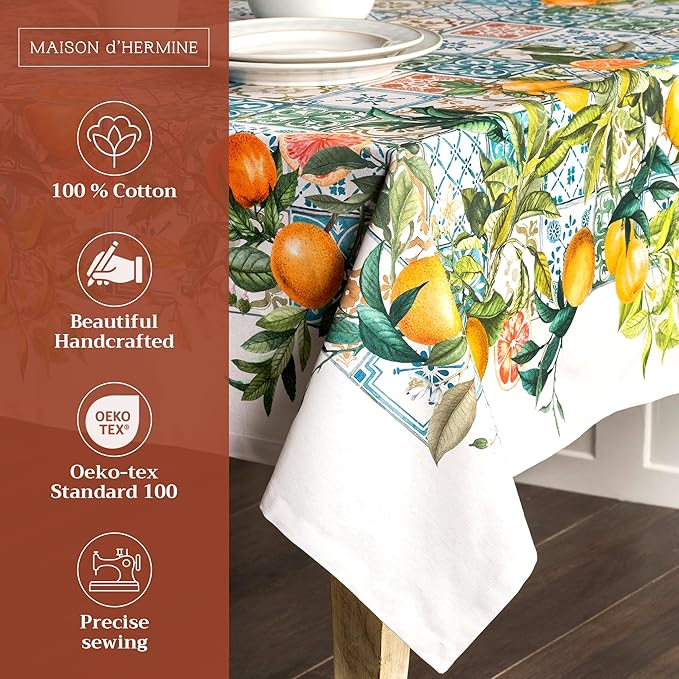 Maison d' Hermine Table Cloth Rectangle Table 100% Cotton 60 x 108 Inches Tablecloth Reusable Decorative for Dining Room Farmhouse Home Valentines Day Decorations Spring Summer - Agrume