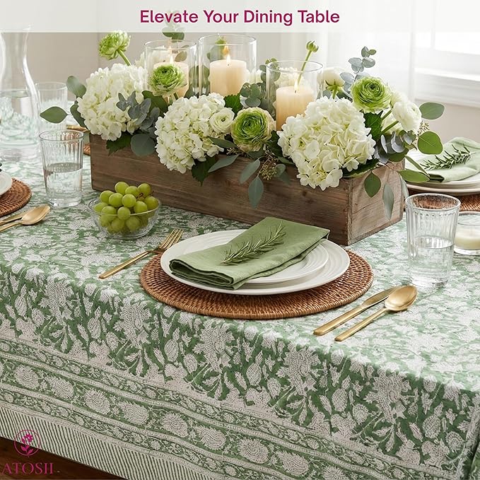 ATOSII Meraki Green 100% Cotton Spring Summer Tablecloth, Block Print Rectangle Table Cover - Dining, Parties, Outdoors, Weddings, Grand Millennial Decor 60 X 60 Inches I 4 Seater I
