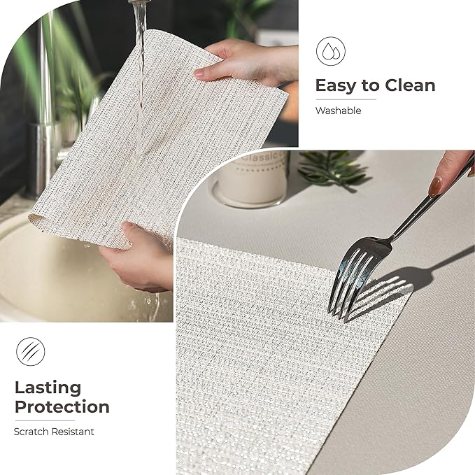 Leetaltree Luxury White and Silver Woven Placemats Set of 12 - Waterproof Washable Textured Table Mats for Wedding, Anniversary, Daily Use - Sparkling Metallic Thread Table Decor - Hand-Cut