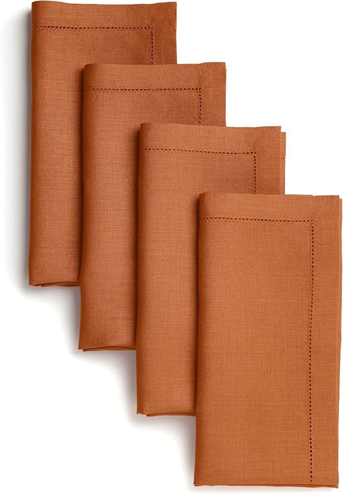D'Moksha Homes Rust Linen Napkins Set of 4 - Classic Hemstitch 100% Pure Linen Hemstitch Dinner Napkins 20 x 20 Inch for Spring, Easter - Handcrafted and Machine Washable