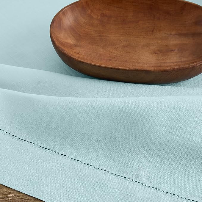 Solino Home Linen Aqua Blue Table Runner 72 Inches Long - 100% Pure Linen Hemstitch Table Runner 14 x 72 Inch for Dresser, Dining, Spring, Easter, Winter - Classic Hemstitch