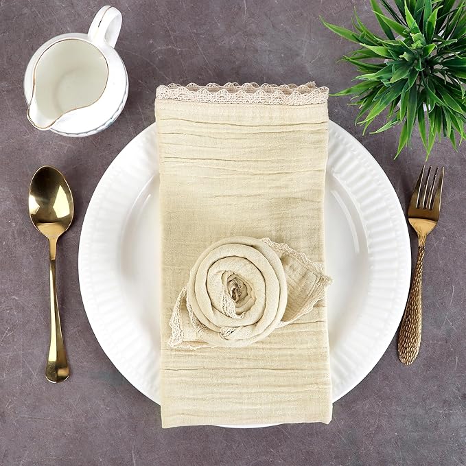 FINGERCRAFT Dinner Cloth Napkin Cotton Muslin Double Gauze 4 Pack with Classic Lace for Everyday Use, Wedding, Party, Christmas, Easter Napkins Cloth are Pre Shrunk and Good Absorbency Beige