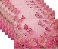 Table Placemats Set of 6,Spring Flowers Cloth Placemats,Pink Butterfly Rose Floral Heat-Resistant Table Mats for Kitchen Dining Room Decoration,Non-Slip Fabric Place Mats 11.8x17.7 Inch