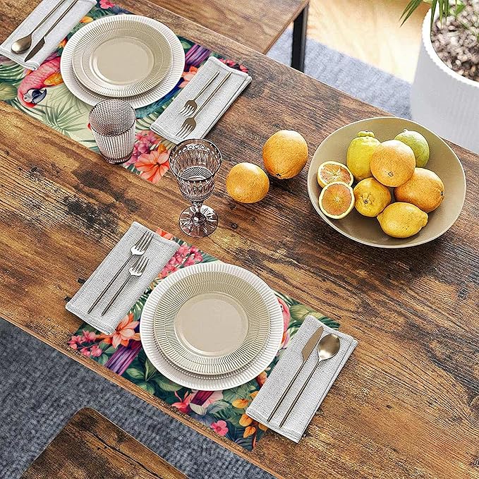 Placemats Set of 6 Tropical Parrot Forest Place Mats Washable Kitchen Dining Linen Table Mats Stain Heat, for Home Party Indoor 12x18 in