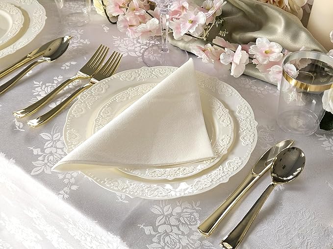 " OCCASIONS " 50 Plates Pack (25 Guests) Vintage Wedding Party Disposable Plastic Plate Set -25x10.25'' Dinner +25x7.5'' Salad/Dessert plates (Portofino Plain Ivory)