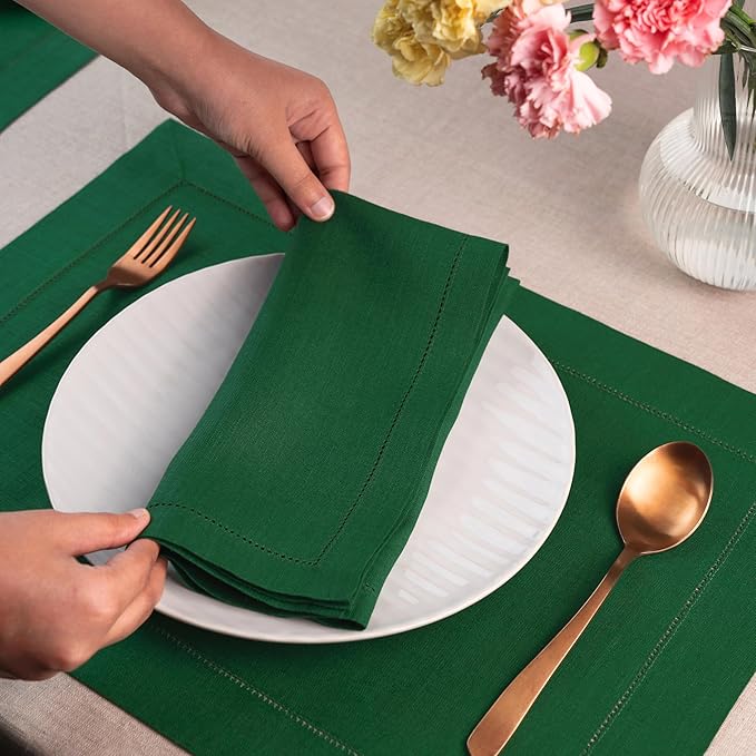 D'Moksha Homes Forest Green Linen Napkins Set of 4 - Classic Hemstitch 100% Pure Linen Hemstitch Dinner Napkins 20 x 20 Inch for St Patricks Day, Easter - Handcrafted and Machine Washable