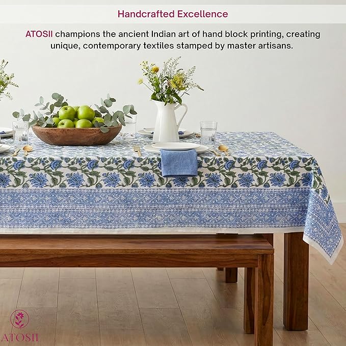 ATOSII Taj 100% Cotton Fall Tablecloth, Handblock Print Rectangle Table Cover for Kitchen Dining Linen I Parties, Thanksgiving, Christmas, Wedding, Table Cloth I 72 X 120 Inches I 10 Seater