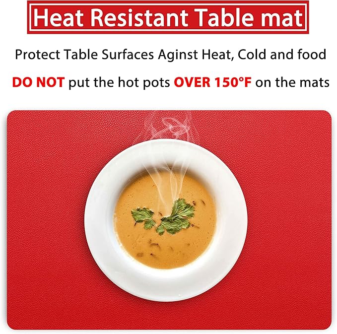 Wipeable Placemats Leather Table Mats Waterproof Heat-Resistant Easy to Clean for Dining Table Set Kitchen Table (2, Red)