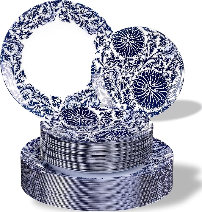 Hioasis 60pcs Plastic Disposable Plates Set - Blue Dandelion & Blue Leaf Pattern, 10.25 Dinner & 7.5 Dessert Plates for Wedding,Anniversary,Party and Holiday