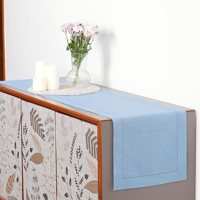 D'Moksha Homes Linen Powder Blue Table Runner 48 Inches - Classic Hemstitch, 100% Pure Linen Coffee Table Runner 14 x 48 Inch Ideal for Dresser Tables - Spring, Easter