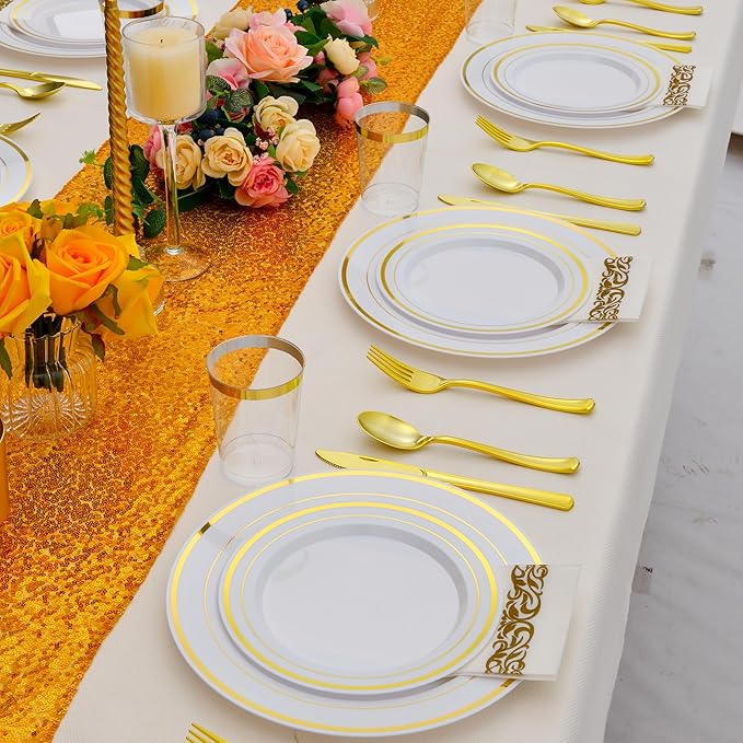 50 PCS Gold and White Plastic Plates for 50 Guests,10.25inch Gold Rimmed White Disposable Plastic Plates for Wedding,Party,Birthday,Smooth Edge & Heavy Duty Dinner Plate