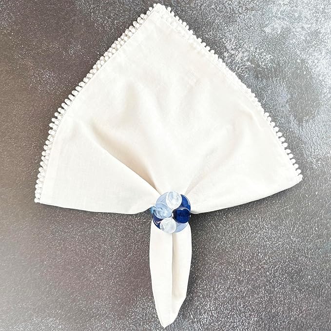 Beaded Pebble Stone Napkin Rings – Handcrafted Acrylic Holders with Natural Coastal Look – Elegant Table Decor for Modern, Ester, Spring, Wedding, or Gift - Set of 4, Blue
