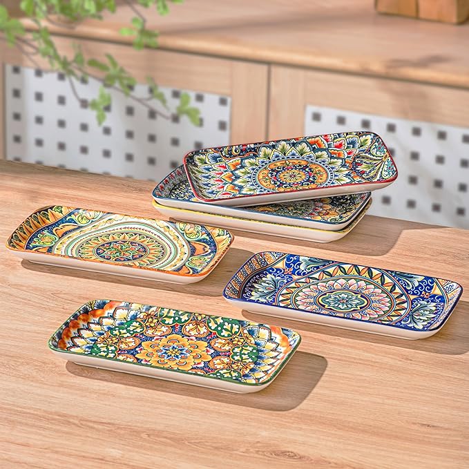 Henten Home Porcelain 8 Inch Dessert Plates, Ceramic Rectangular Salad Plate Set of 6, Bohemian Serving Dishes for Sushi, Appetizer, Cake, Sashimi, Microwave & Dishwasher Safe