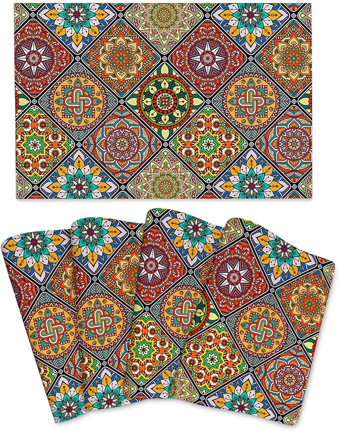 Mandala Colorful Placemats Set of 4 Linen 12"x18" Retro Place Mats Washable Heat-Resistant Boho Kitchen Table Mats for Dining Outdoor Home Decor