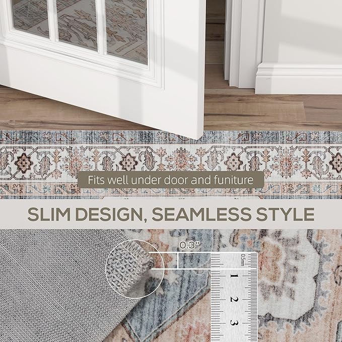 HOMCOM Washable Area Rug, 8'x10' Vintage Indoor Distressed Carpet, Retro Floor Cover Foldable, Floral Print Mat for Living Room, Bedroom, Dining Room, Brown and Light Blue