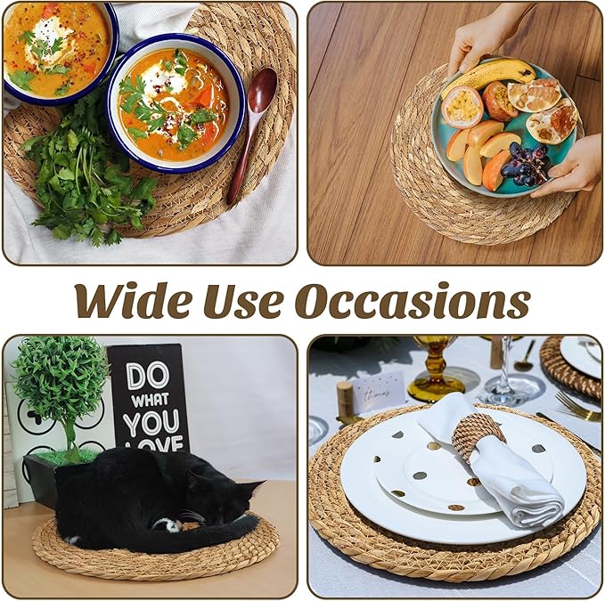 Kochorie Set of 60 Round Woven Placemats 12 Inches Bulrush Placemats Natural Hand-Woven Boho Rattan Placemat Wicker Table Mats Farmhouse Weave Place Mats for Home Dining