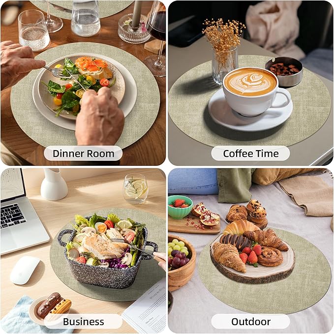 15 inch Faux Leather Round Placemats Set of 4 Non-Slip Washable Wipeable Table Mats, Heat Resistant Waterproof Oilproof Sage Green Place Mats for Kitchen, Dining, Party, Indoor, Outdoor