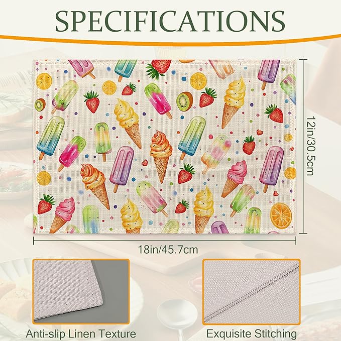 Summer Ice Cream Cloth Placemats,Fruits Popsicle Heat-Resistant Table Placemats Set of 6, Washable Linen Place Mats for Dining Room Table Decor Home Restaurant Cafes Holiday Party 11.8x17.7 Inch