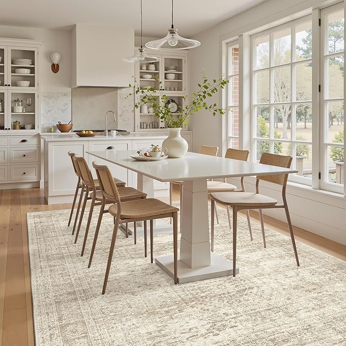 5x7 Area Rugs Beige Low Pile Indoor Washable Trendy Faded Style Rugs for Bedroom Living Room Dining Room Foldable Non-Slip Thin Print Home Office Mat