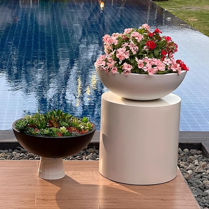 6.9" H x 19.7" D Round Bowl Fiberstone Planter for Succulent and Lotus with Drainage Hole, Smooth Finishes, Weather Resistant, Included 2 Extra Coco Mats (White, 17.9" Pot Opening)