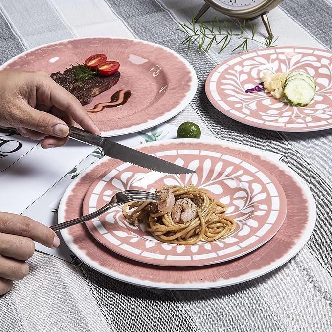Melamine Dinnerware Sets - 12 Pcs Plates and Bowls Set,Unbreakable Dinner Dishes Set for 4,Lightweight, Dishwasher Safe, BPA Free,Indoor Outdoor use, Pink